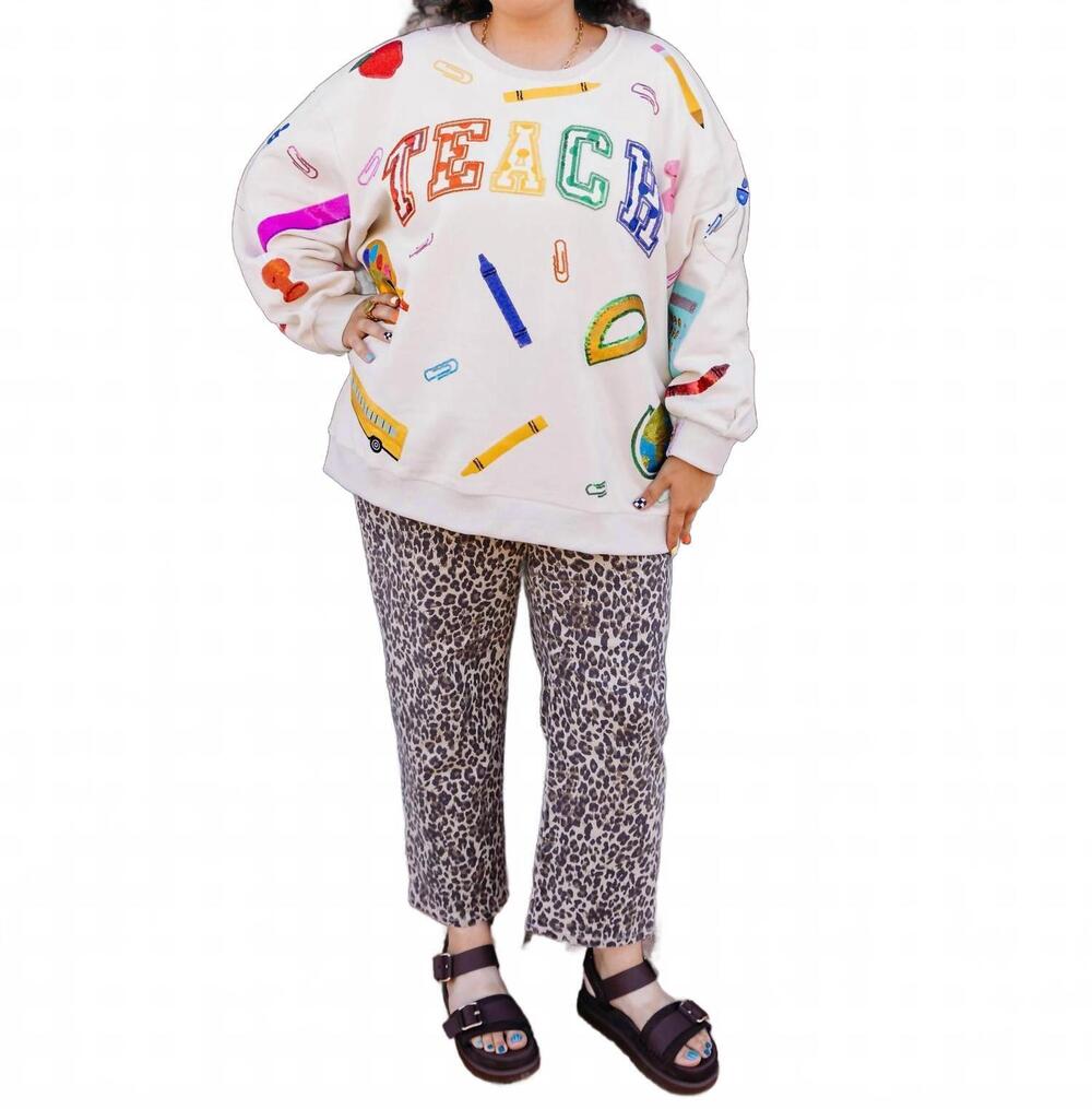 NEW QUEEN OF SPARKLES teach scattered icon sweatshirt in beige multi